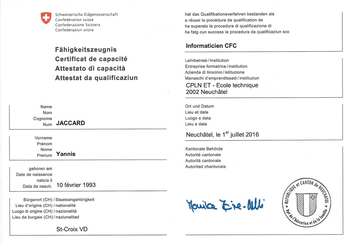 Page principal du certificat national